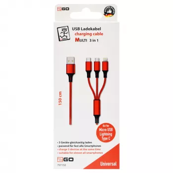Kabel USB 2GO 797150 1.5m USB B USB C/Micro-USB B/Lightning Czerwony