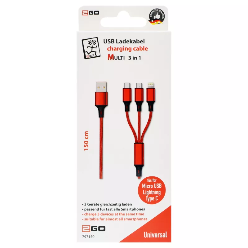 Kabel USB 2GO 797150 1.5m USB B USB C/Micro-USB B/Lightning Czerwony