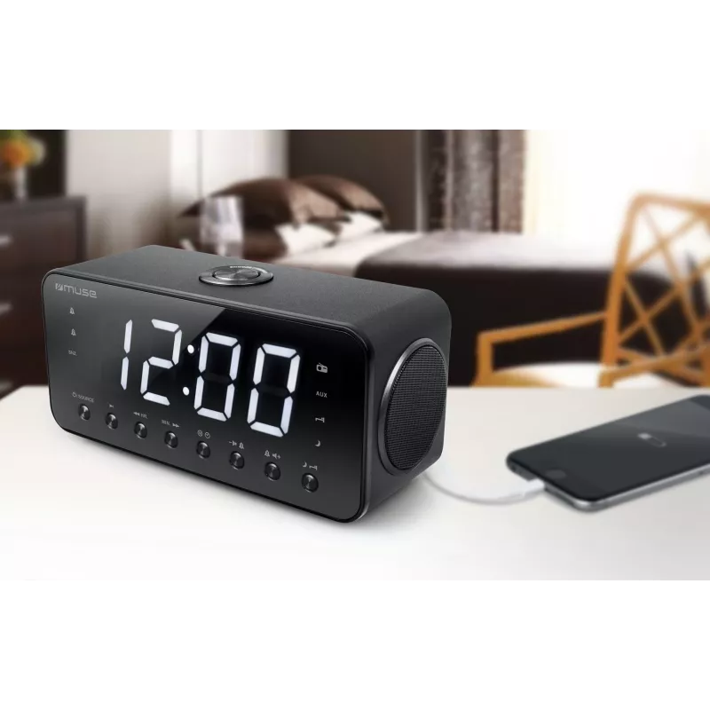Zegar radiowy Muse M-192 CR — zegar cyfrowy, tuner FM, wyświetlacz LED 1,8 cala, czarne drewno, zasilanie AC 100–240 V, bateria zapasowa AAA