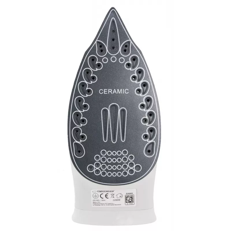 Żelazko parowe ESPERANZA EHI002 — 2200 W, stopa ceramiczna, para pionowa, 0,815 kg, biało-niebieskie