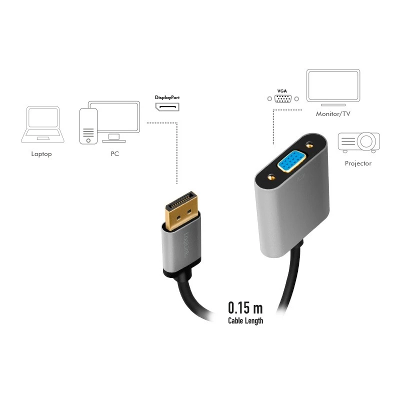 LogiLink CDA0109 Przejściówka DisplayPort na VGA 0,15 m czarno-szara