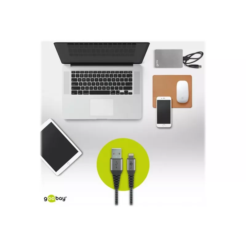 Kabel USB-A do Lightning GOOBAY 2 m, oplot tekstylny, średnica 3,3 mm, szaro-srebrny