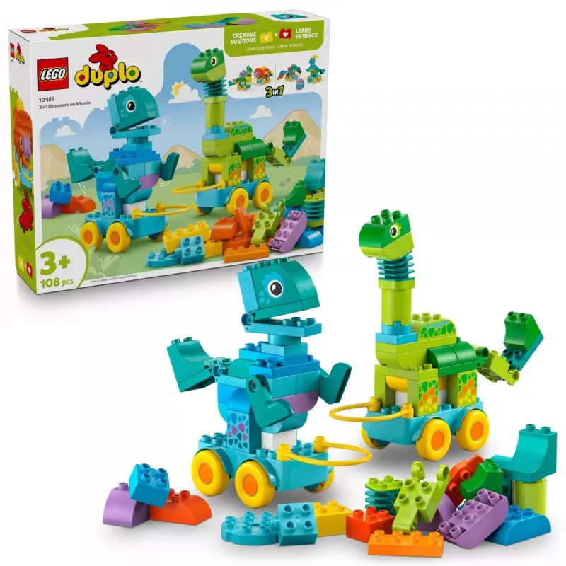 Zabawka konstrukcyjna LEGO DUPLO 10451 Dinozaury na kółkach zestaw 3-w-1, 108 elementów, wiek 3+, wysokość 220 mm