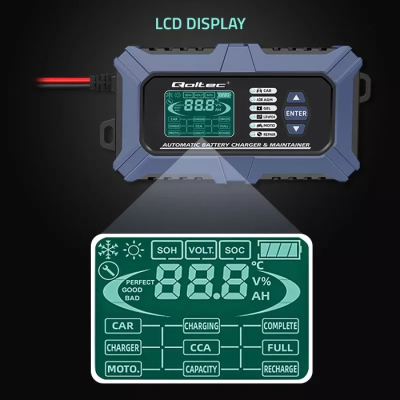 Inteligentna ładowarka akumulatorów Qoltec z mikroprocesorem, testerem akumulatorów i funkcją regeneracji 12V | 6A | LCD | Ładowarka do akumulatorów AGM LiFePO4 GEL