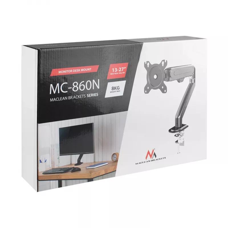 Uchwyt do monitora Maclean MC-860N, z siłownikiem gazowym, 13-27 cali, 8 kg, czarny