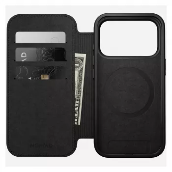 Etui z klapką Nomad Modern Leather Folio do iPhone 17 Pro, skóra + aluminium, 6,3 cala (16 cm), Tan, 3 kieszenie na karty