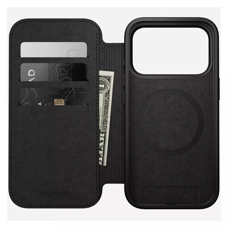 Etui z klapką Nomad Modern Leather Folio do iPhone 17 Pro, skóra + aluminium, 6,3 cala (16 cm), Tan, 3 kieszenie na karty