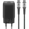 Szybka ładowarka USB-C Nano, PD, GaN, 65 W, pleciony kabel USB-C (czarna, 1x USB-A, 2x USB-C PD, Quick Charge 3.0, kabel 1 metr)