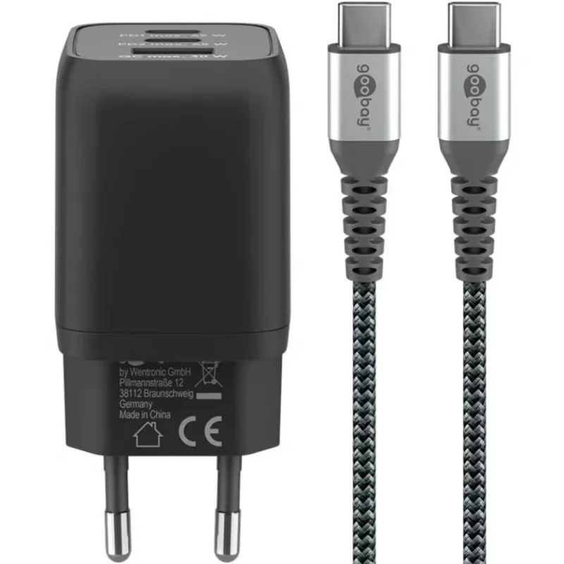 Szybka ładowarka USB-C Nano, PD, GaN, 65 W, pleciony kabel USB-C (czarna, 1x USB-A, 2x USB-C PD, Quick Charge 3.0, kabel 1 metr)