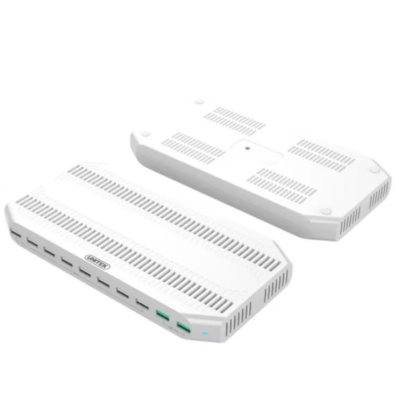 Stacja ładująca Unitek Y-2190A — 10× portów USB (8×USB2.0 + 2×USB3.2 Gen1), ładowanie bezprzewodowe, łącznie 96W