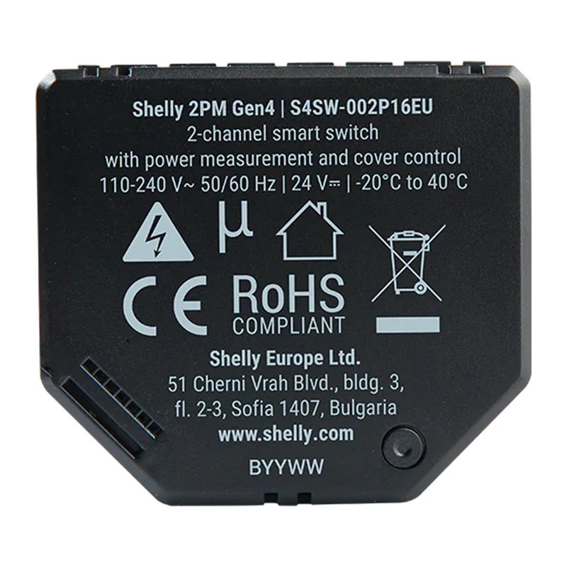 Shelly 2PM Gen4 siłownik rolet/żaluzji 2-kanałowy, AC 110–240V, Wi‑Fi 2,4 GHz, 1,4 W, pamięć flash 8000 KB