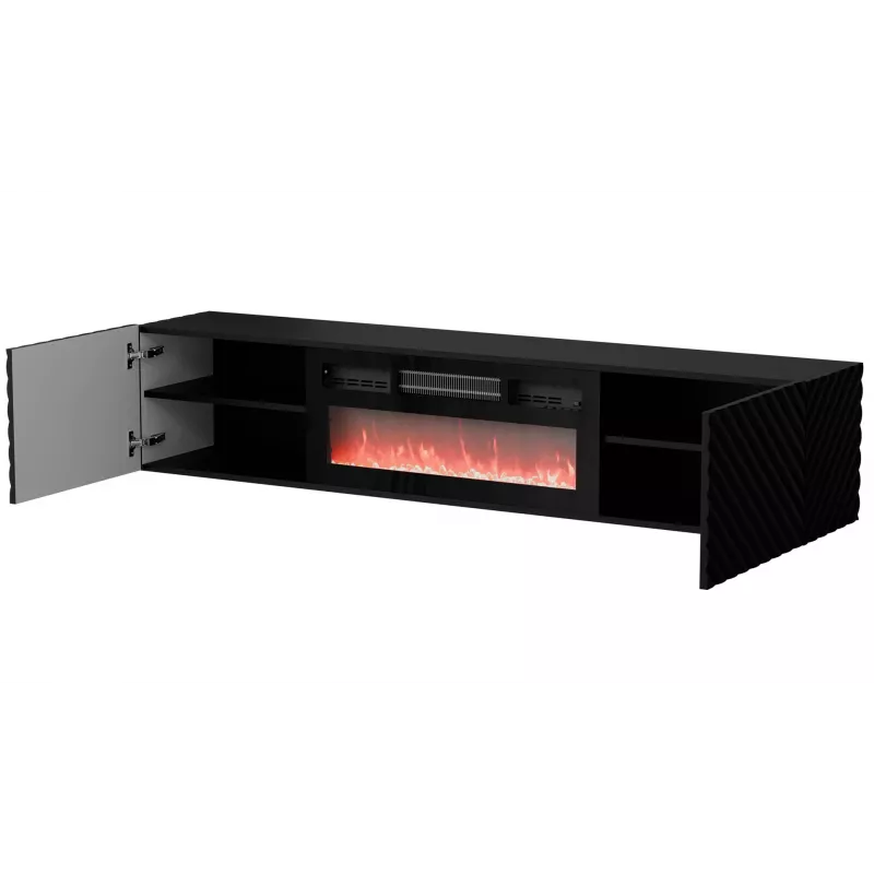 TV cabinet Cama Meble LARA 183x35x37 cm Czarny matt with built-in electric fireplace