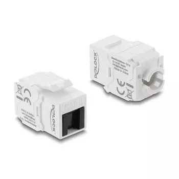 Moduł Keystone DELOCK RJ45 na LSA Cat.6 UTP beznarzędziowy z osłoną przeciwpyłową, płaski, 16×31,8×19,4 mm, biały/czarny