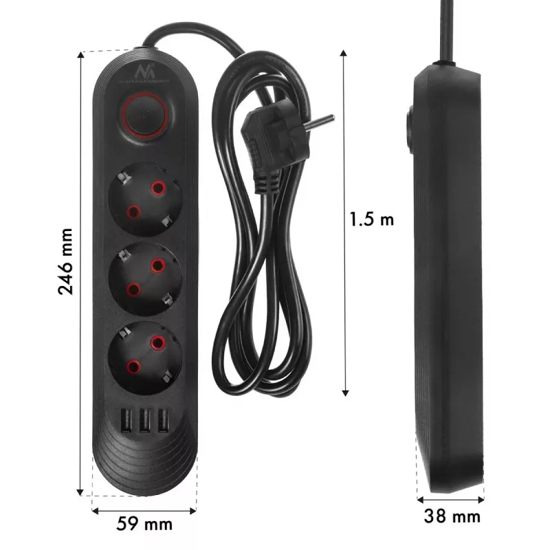 Listwa zasilająca MACLEAN MCE394 B — 3 gniazda + 3×USB A, 110–240 V, USB 2,1 A, 2500 W, kabel 1,5 m, czarna