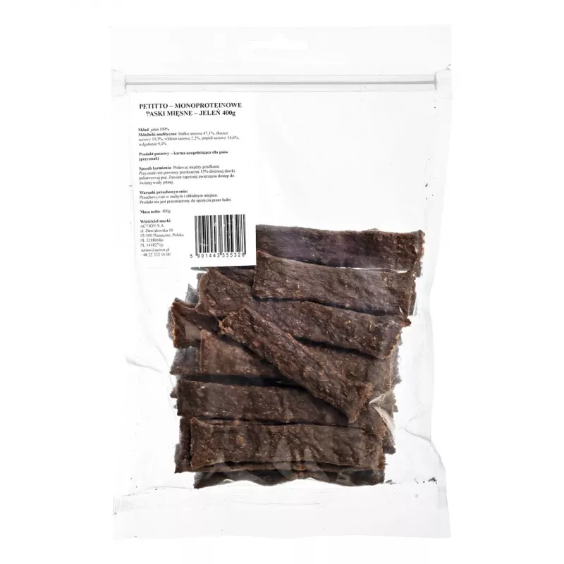 Przysmaki dla psa PETITTO Monoprotein Meat Strips — Jeleń, przekąska hipoalergiczna, 400 g, bez zbóż i soi