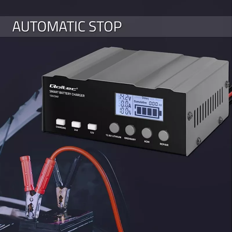 Ładowarka do akumulatorów QOLTEC 52491 mikroprocesorowa 12 V / 12,6 V / 24 V z LCD