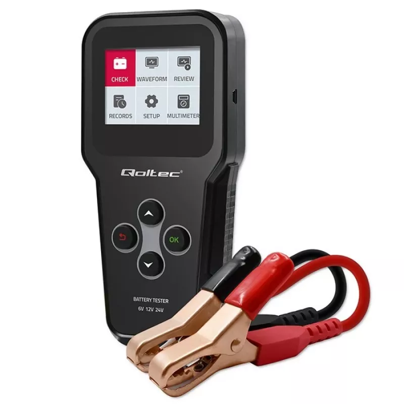 Qoltec 52489 Cyfrowy Analizator Akumulatorów 3 w 1 z Wyświetlaczem LCD i Wielojęzycznym Interfejsem 6V | 12V | 24V | 30Ah-200Ah