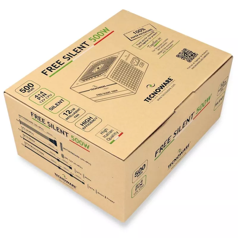 Zasilacz TECNOWARE Free Silent 500 W — ATX, 20+4 pin, wentylator 120 mm, wydajność 86%