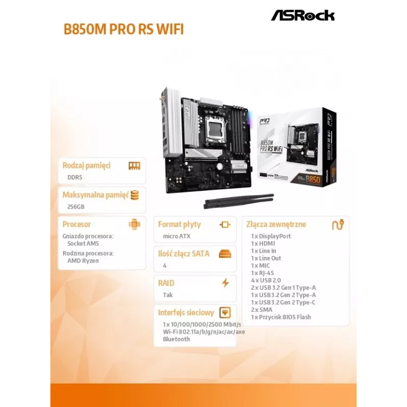 Płyta główna ASRock B850M Pro RS WiFi — AMD B850, Socket AM5, microATX, DDR5, 4 DIMM, 256GB, Wi‑Fi 6E, 2.5Gb LAN, 3x M.2