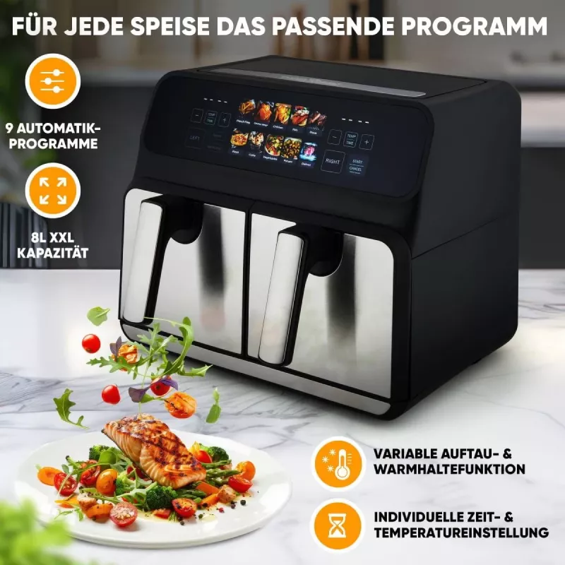 Frytkownica na gorące powietrze ProfiCook PC-FR 1287 H — podwójna 8 L, 2200 W, dotykowa LED, czarna/stal nierdzewna