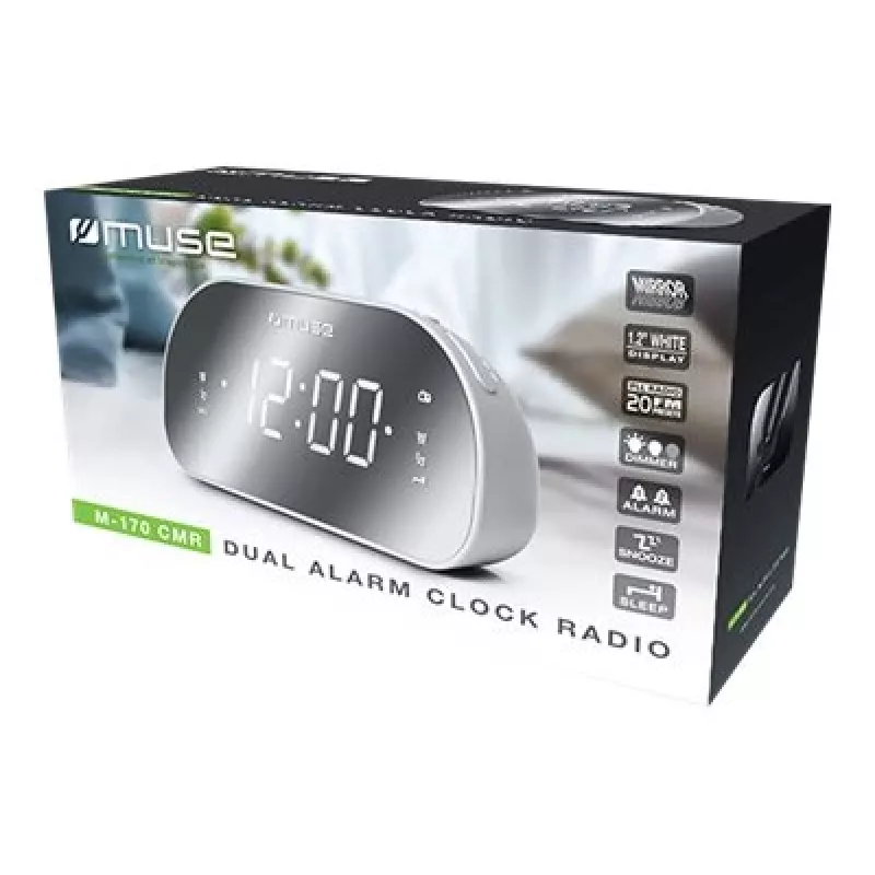 Zegar radiowy Muse M-170CMR — cyfrowy zegar radiowy, wyświetlacz LED 1,2 cala, FM, AC 230V, zapasowe AAA, lustro/biały