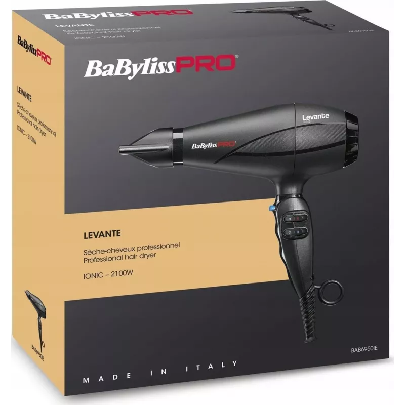 Suszarka do włosów BaByliss PRO Levante 2100 W, silnik AC, jonizacja, 2 temperatury/2 prędkości, czarna
