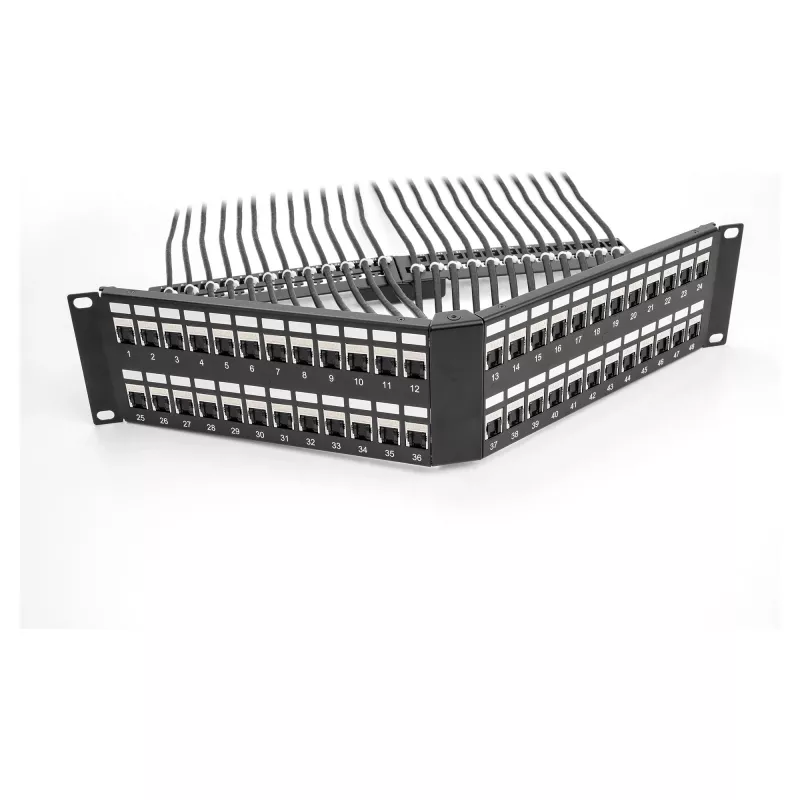DeLOCK 19-inch Keystone Patch Panel 48 portów z odciążką 2U kątowy czarny