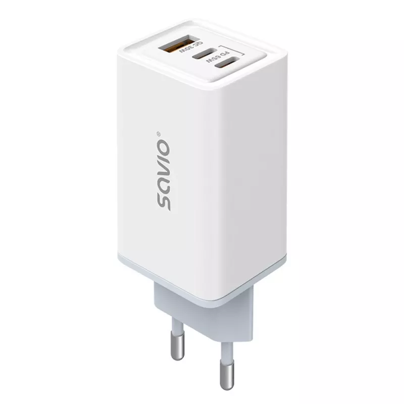 Ładowarka sieciowa SAVIO LA-07 GaN 65W, USB, QC4.0+, PD 3.0, Biała