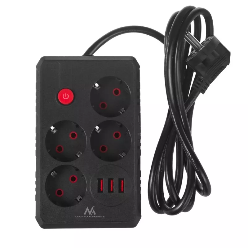 Listwa zasilająca MACLEAN MCE392 B — 4 gniazda, 3×USB, 110–240V, 2,1A, 2500W, kabel 1,5 m, czarna