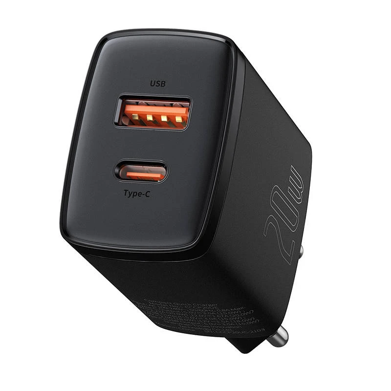 Wewnętrzna szybka ładowarka USB Baseus CCXJ-B01 — 2 porty (USB-C PD 20W + USB-A QC3.0 18W), 100–240 V, czarna