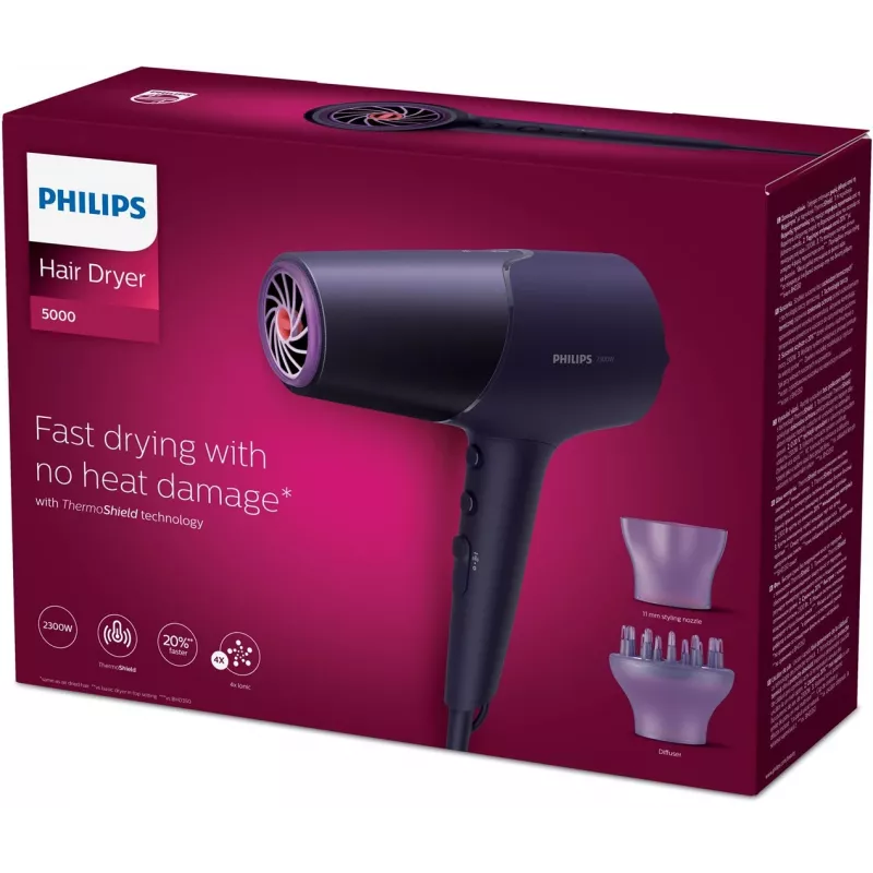 Suszarka do włosów Philips serii 5000 BHD514/00, 2300 W, fioletowa, 6 prędkości, 6 poziomów ciepła, jonizacja, chłodny nadmuch