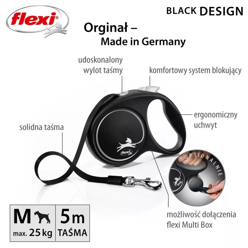 Automatyczna smycz Flexi Czarny Design M, taśma, 5 m, dla psów średnich ras (10–25 kg), maks. obciążenie 20 kg