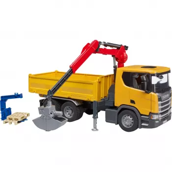 Ciężarówka budowlana zabawka BRUDER Scania Super 560R z dźwigiem i 2 paletami