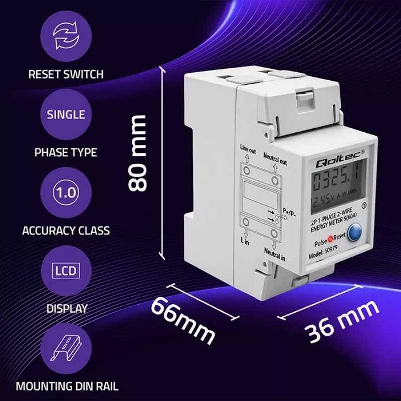 Licznik energii QOLTEC Jednofazowy na szynę DIN 230V (MPN 50979)