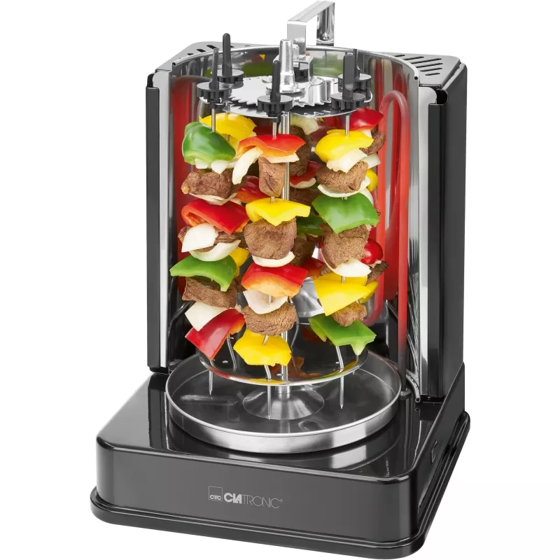 Pionowy multigrill elektryczny CLATRONIC DVG 3686 — 1400 W, czarny, rożen obrotowy i 6 szpikulców