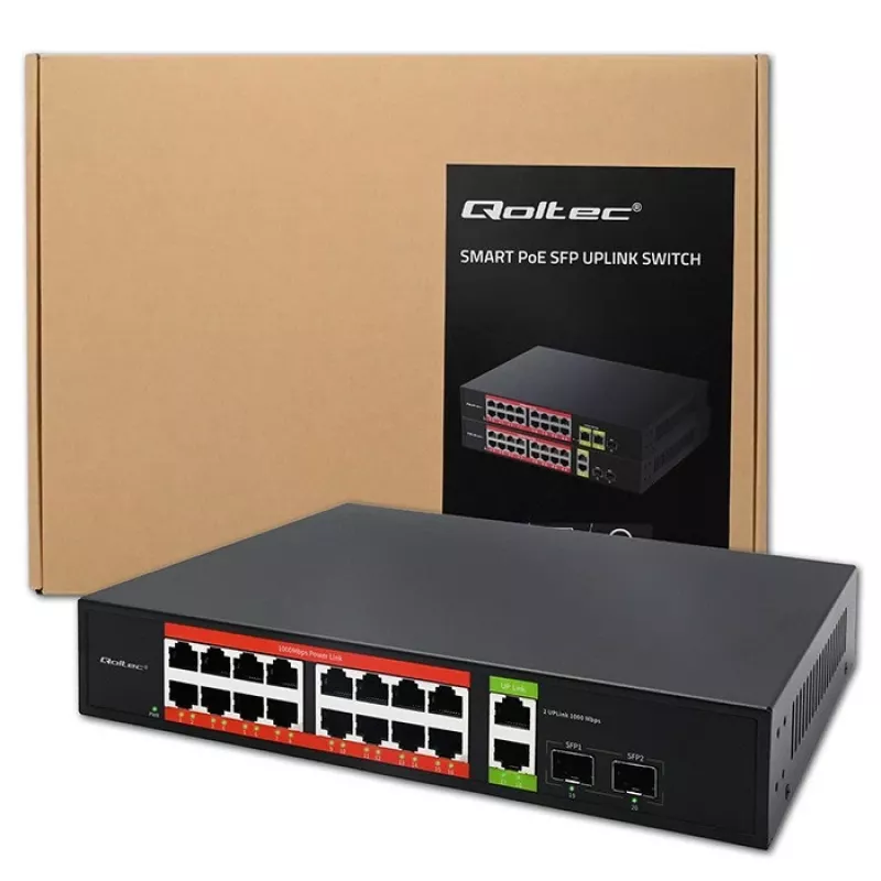 Przełącznik sieciowy QOLTEC 52292 — Gigabit Ethernet PoE, 16x RJ45, 2x RJ45 uplink, 2x SFP