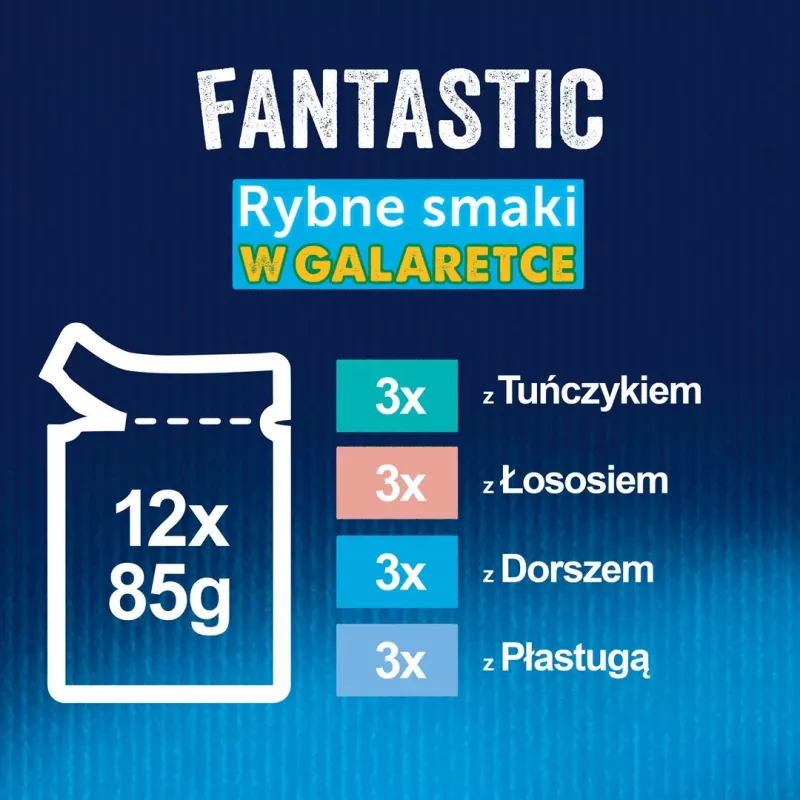 Mokra karma dla kota Purina Nestlé FELIX Fantastic smaki rybne — tuńczyk, łosoś, dorsz, flądra, 12×85 g saszetek