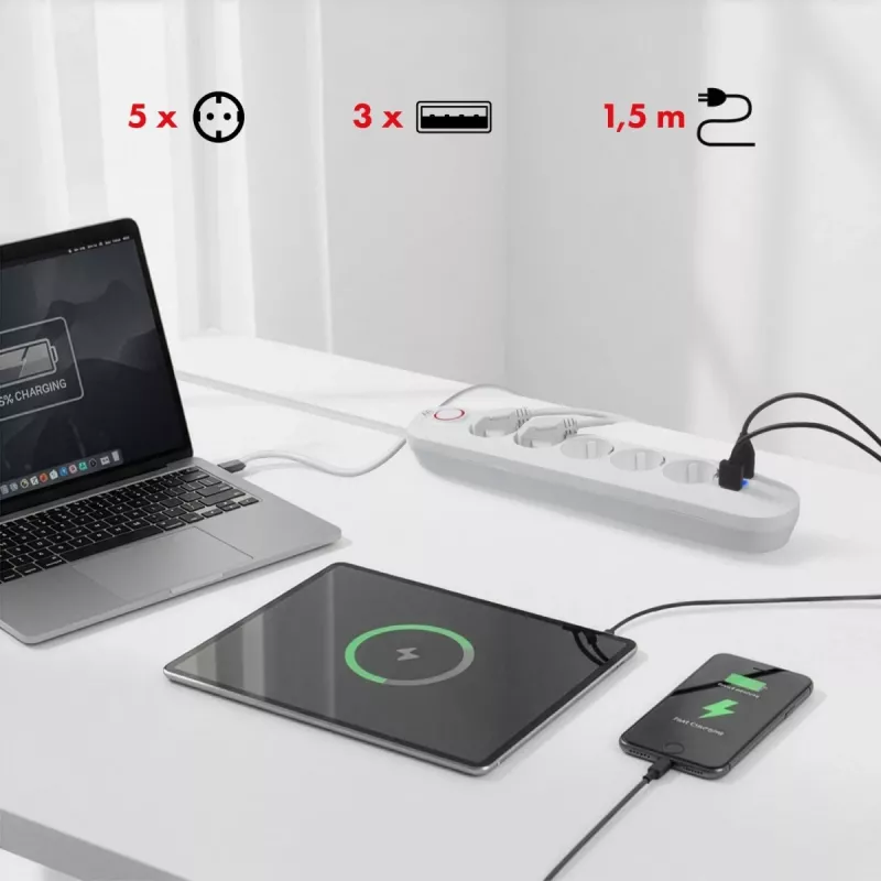 Listwa zasilająca MACLEAN MCE395 W — 5 gniazd, 3× USB A, 110–240 V AC, 2,1 A USB, maks. 2500 W, biała, kabel 1,5 m