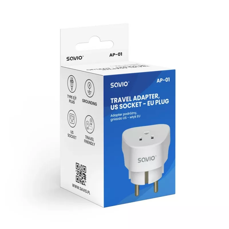 Adapter podróżny SAVIO AP-01, gniazdo US – wtyczka EU