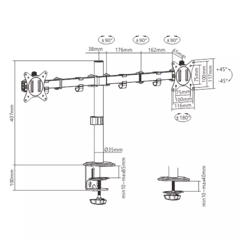 Uchwyt do monitorów Gembird MA-D2-01 na 2 wyświetlacze do 32 cali, VESA 75x75–100x100, zacisk, 18 kg, czarny