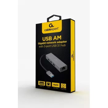 Gembird A-AMU3-LAN-01 adapter USB-A na Gigabit LAN z 3-portowym hubem USB 3.0, czarny