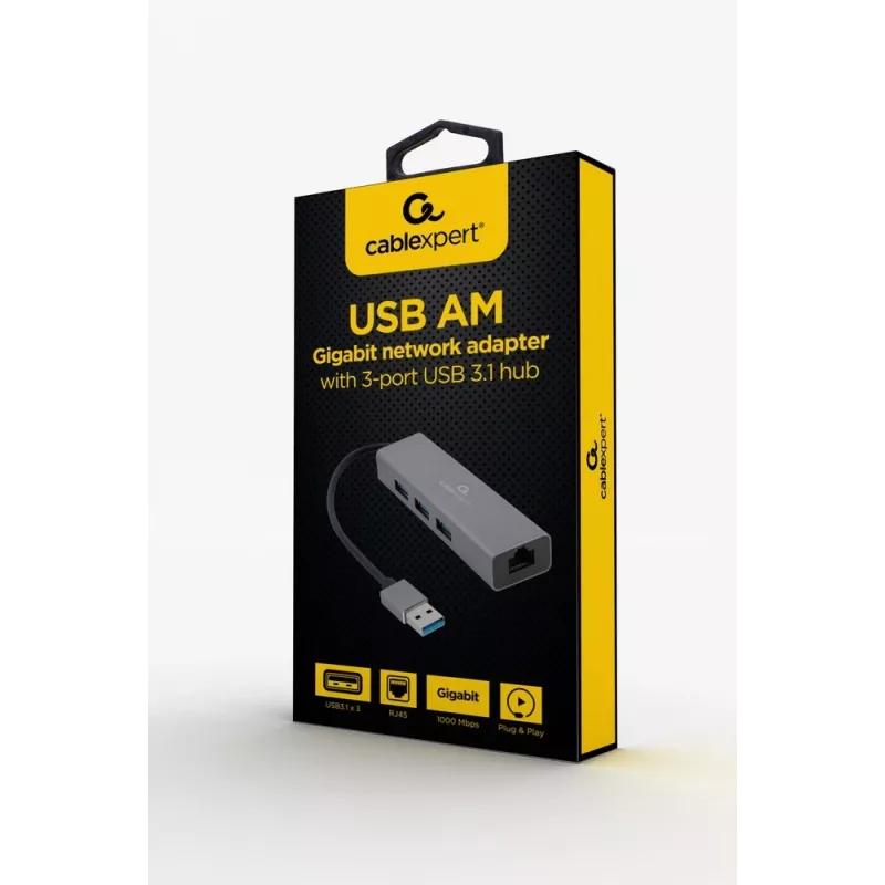 Gembird A-AMU3-LAN-01 adapter USB-A na Gigabit LAN z 3-portowym hubem USB 3.0, czarny