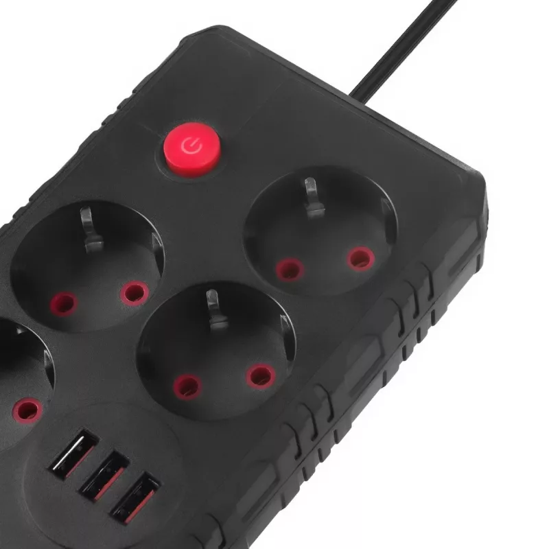Listwa zasilająca MACLEAN MCE393 B — 4 gniazda, 3×USB, 110–240 V, 2500 W, kabel 3 m, czarna