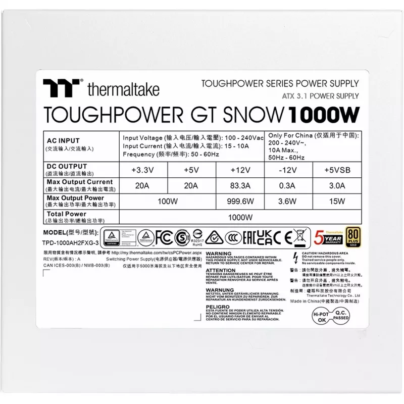 Zasilacz PSU THERMALTAKE Toughpower GT Snow 1000 W ATX 24-pin, 80 PLUS Gold, biały, wentylator 120 mm