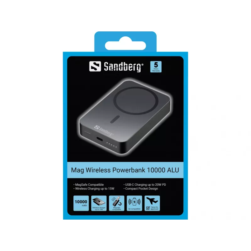 Ładowarka przenośna Sandberg Mag Wireless Powerbank 10000 ALU, 10000 mAh