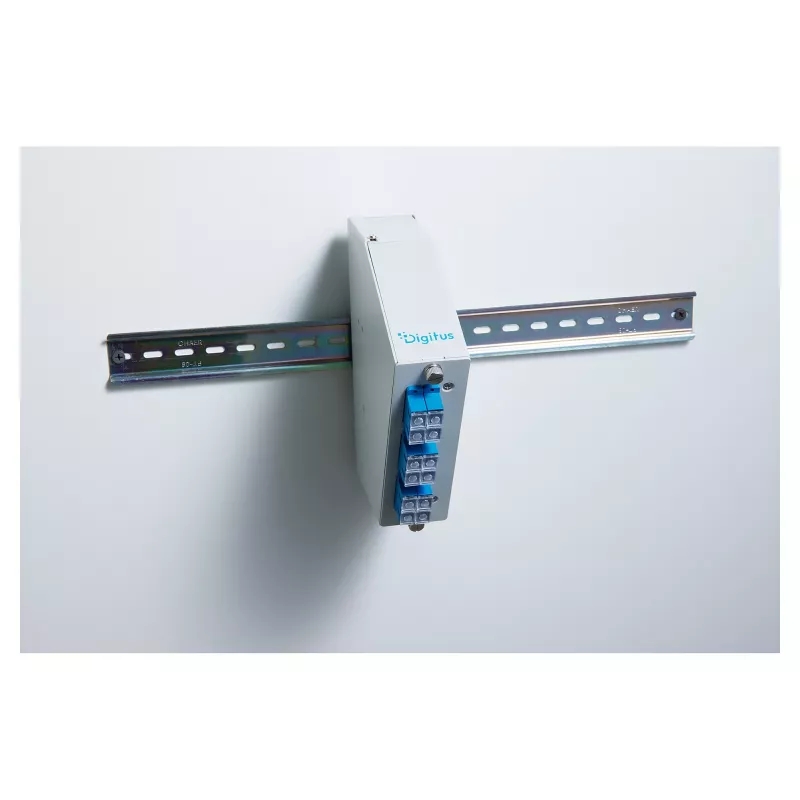 Rozdzielacz światłowodowy do sklejania na szynę DIN DIGITUS DN-96893 — kątowy, 6 SC DX / LC Quad, aluminium, szary