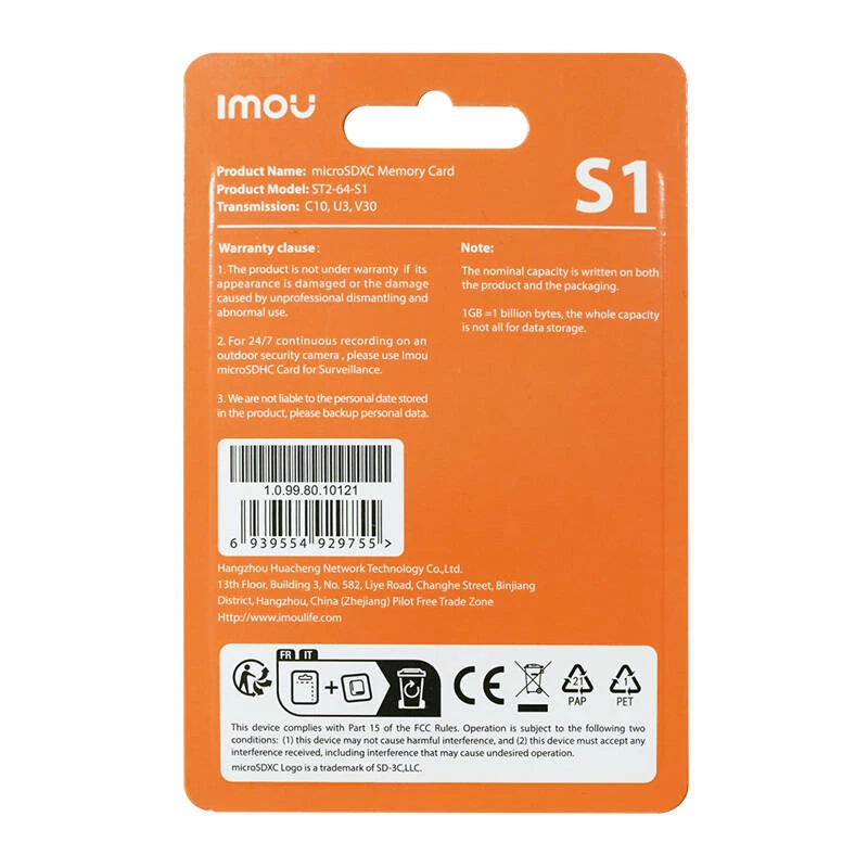 Karta pamięci MicroSD IMOU ST2-64-S1 64 GB, Class 10, Odczyt 95 MB/s, Zapis 35 MB/s, U3 V30