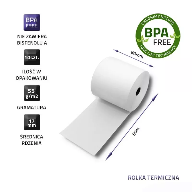 Rolka termiczna Qoltec 51892 80 x 80 | 55g/m2 | 10 szt. | Bez BPA