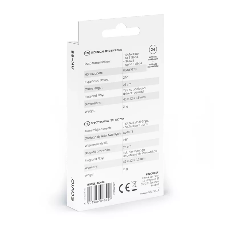 SAVIO kabel interfejsu SATA na USB 3.1 Gen 1 AK-68, gniazdo SATA na wtyk USB-A, 5 Gbit/s, 0,25 m, czarny