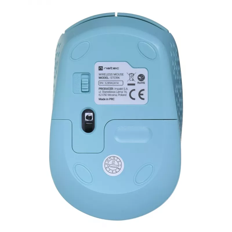 Bezprzewodowa mysz symetryczna NATEC STORK — Bluetooth + USB Type-A, 1600 DPI, 3 przyciski, jasnoniebieska